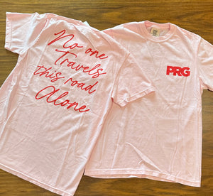 No One Travels Script T-Shirt: Pink & Teal Colors
