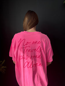 No One Travels Script T-Shirt: Pink & Teal Colors