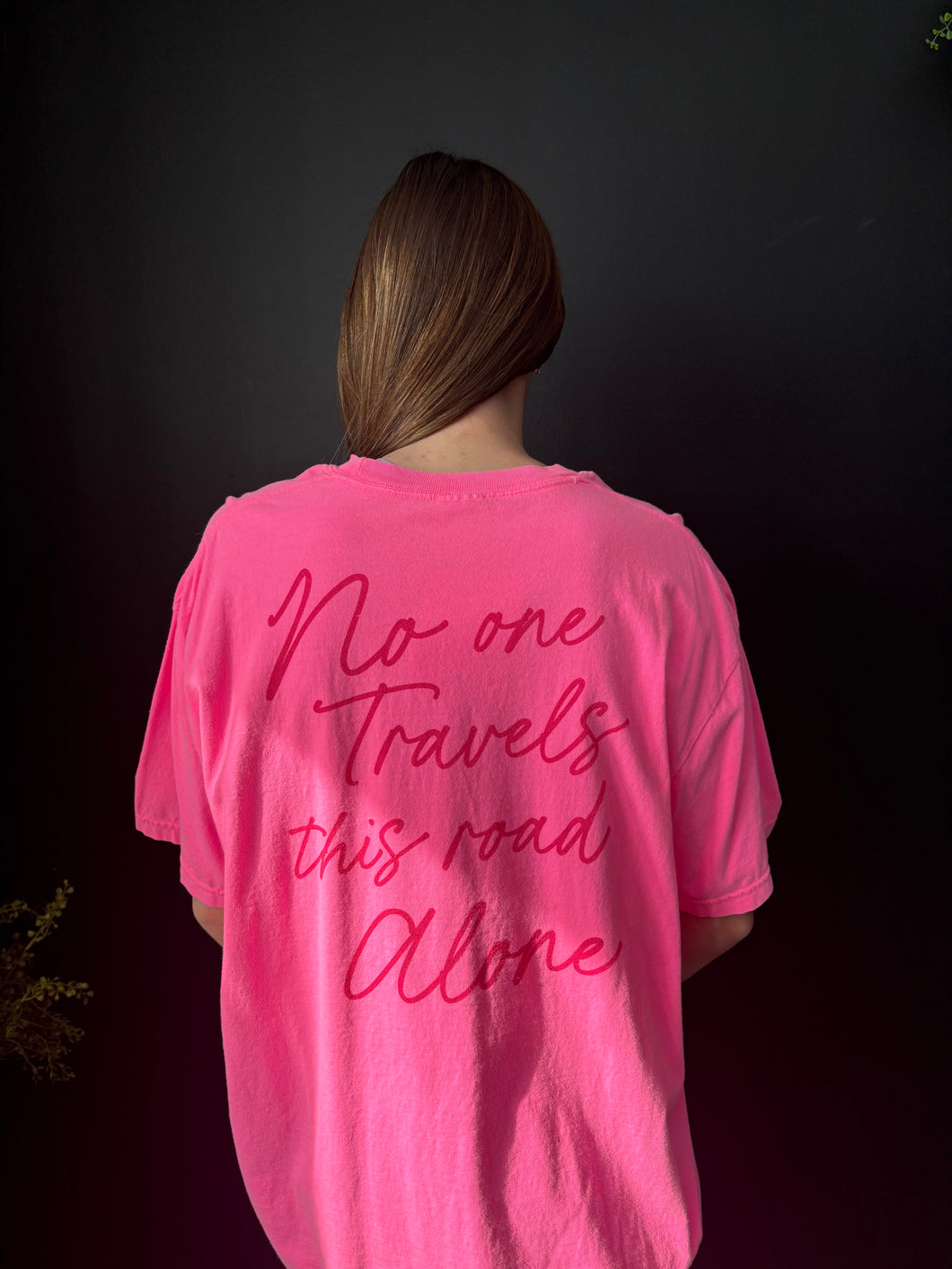 No One Travels Script T-Shirt: Pink & Teal Colors